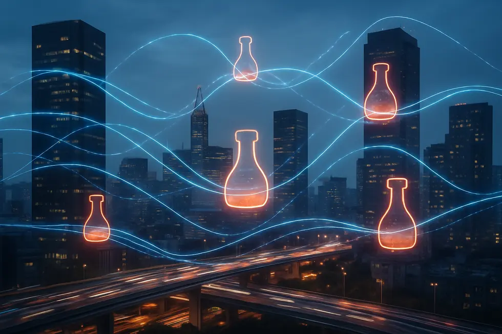 An urban setting with visual representations of data streams and bottlenecks.