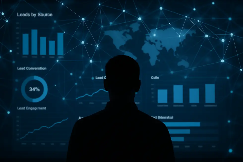 A digital display depicting lead engagement analytics with interconnected nodes for decision-making.
