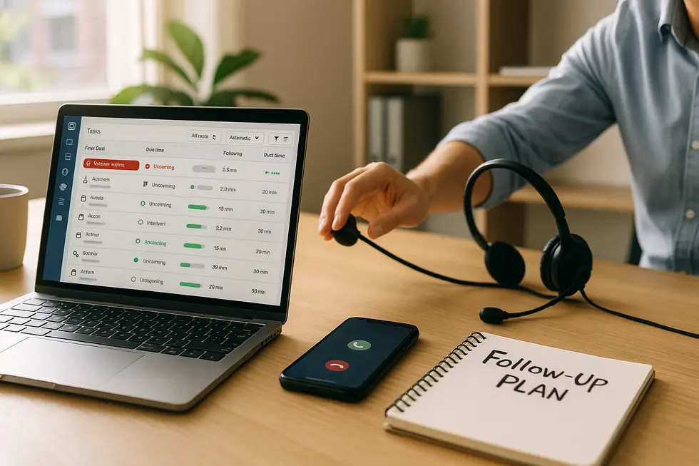 Laptop with CRM follow-up dashboard and a phone showing a missed call notification in a bright office.