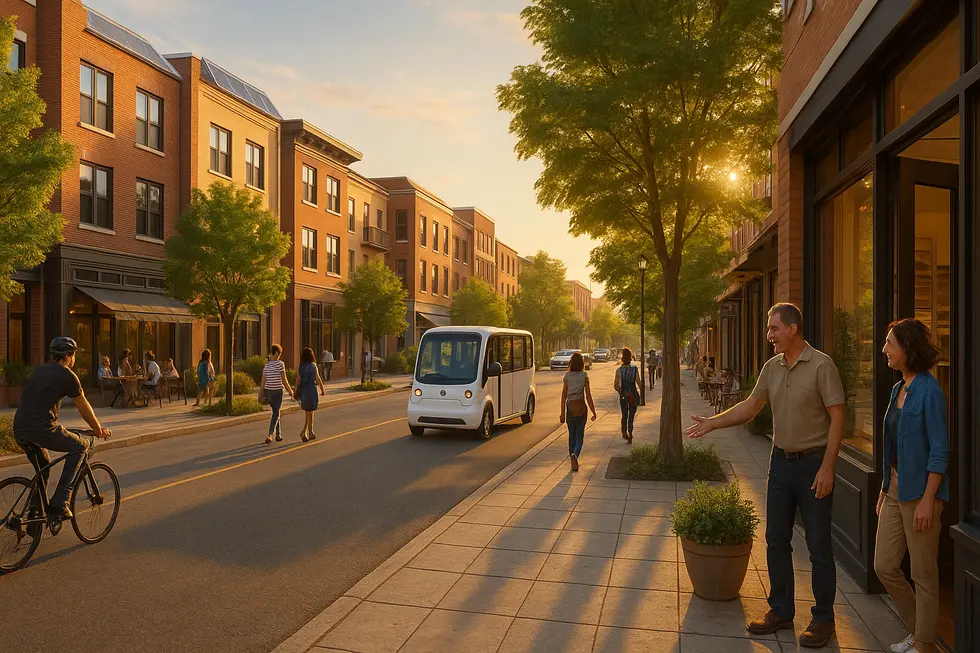 A compact mixed-use block showing retail, housing above, and pedestrian activity that supports local businesses.