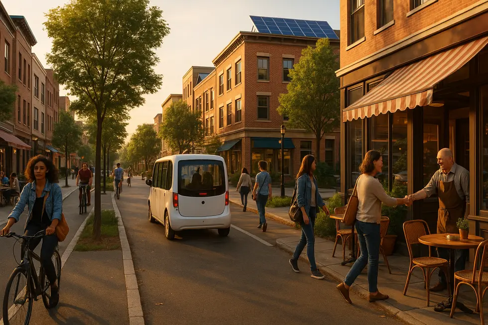 A compact mixed-use block showing retail, housing above, and pedestrian activity that supports local businesses.