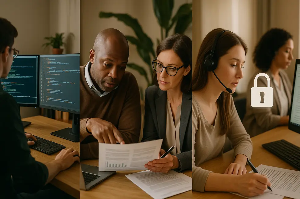 A small business team plans integration between legacy systems and an AI model to highlight the technical work required.