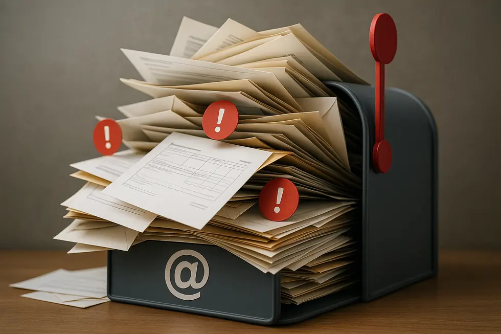 A digital mailbox filled with unread messages and alerts, illustrating the disorderly state of ignored communications.