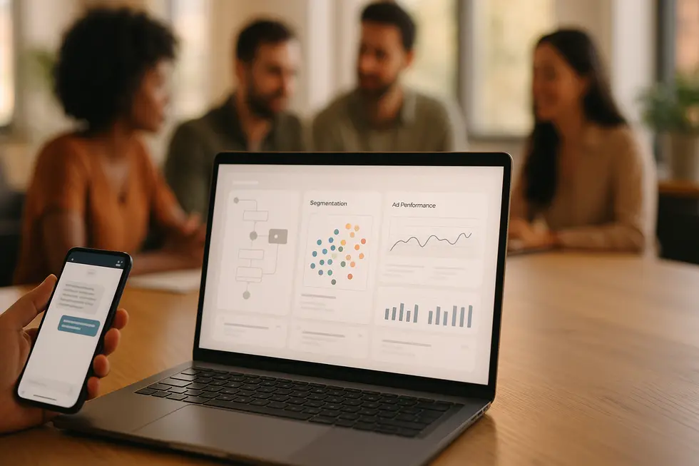 A small-business workspace showing an AI dashboard managing segmentation, workflows, and live chat responses.