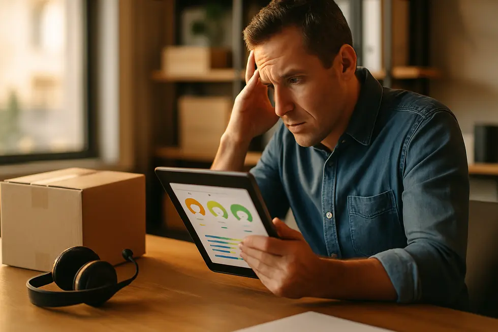 A small business desk showing CRM metrics, a damaged delivery box, and LTV calculations to visualize lost revenue from poor first impressions.