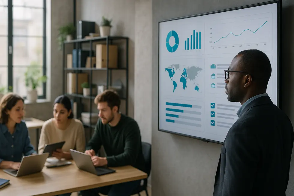A manager reviews synchronized data dashboards that power a reliable AI agent.