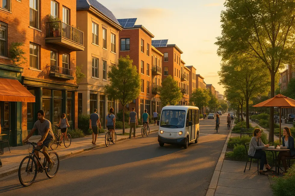 A compact mixed-use block showing retail, housing above, and pedestrian activity that supports local businesses.