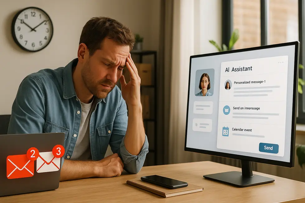 A founder frustrated by slow, manual follow-ups contrasted with an AI assistant sending instant personalized messages.