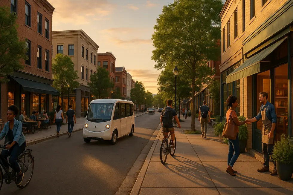Mixed-use urban street with pedestrians, cyclists, a shuttle, pocket parks, and storefronts showing a lively, sustainable neighborhood.