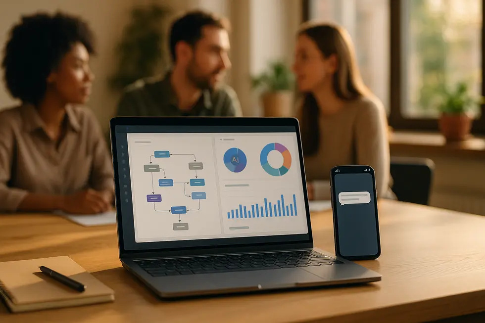 A small-business workspace showing an AI dashboard managing segmentation, workflows, and live chat responses.