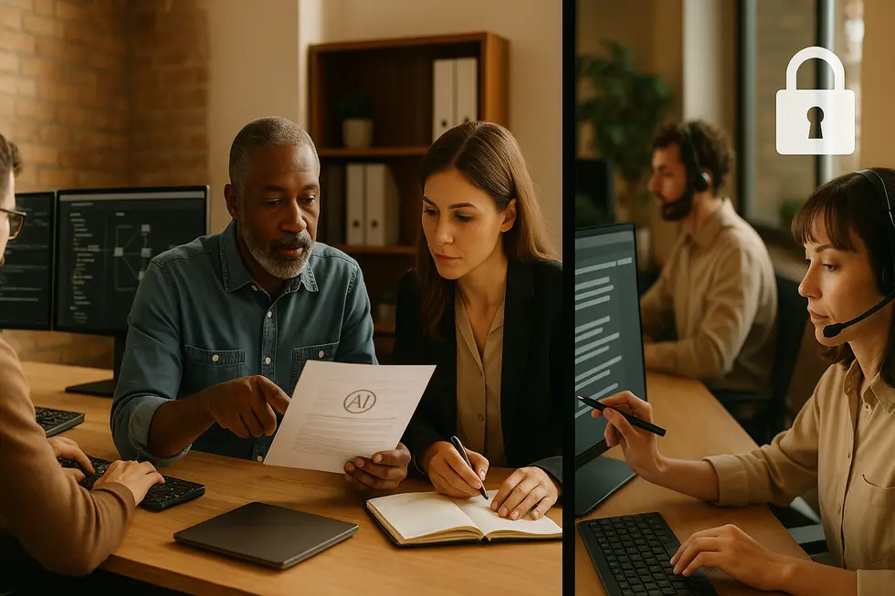 A small business team plans integration between legacy systems and an AI model to highlight the technical work required.