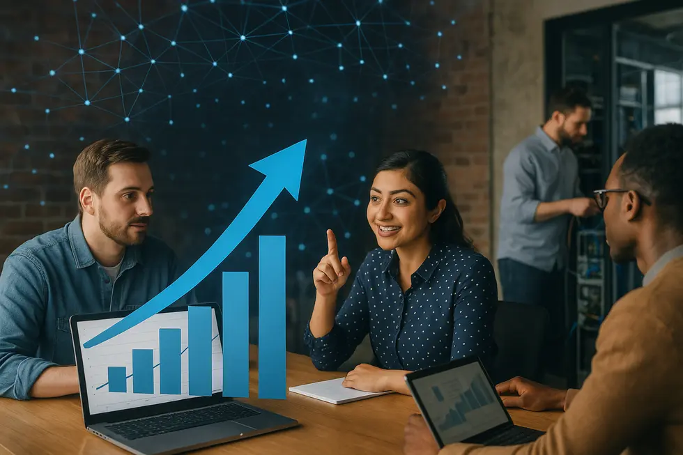 Artwork showing a company's growth journey with data analytics, collaboration, and partnerships.