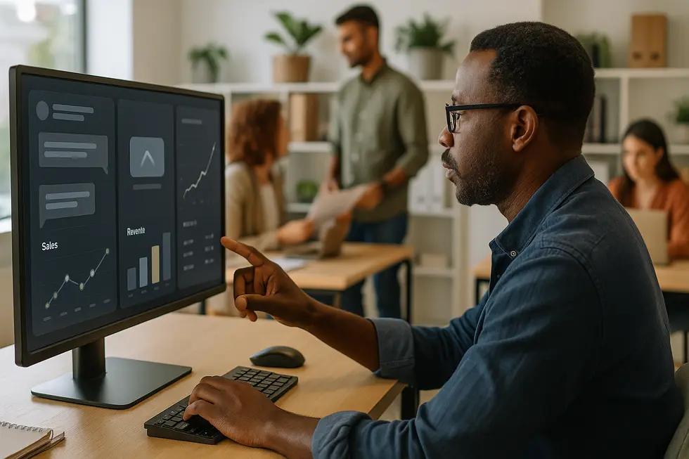 A business owner reviews an integrated AI dashboard combining customer service, sales, and operational insights. Small business owner at a desk looking at an integrated AI dashboard with customer chat, sales recommendations, and inventory forecasts visible.
