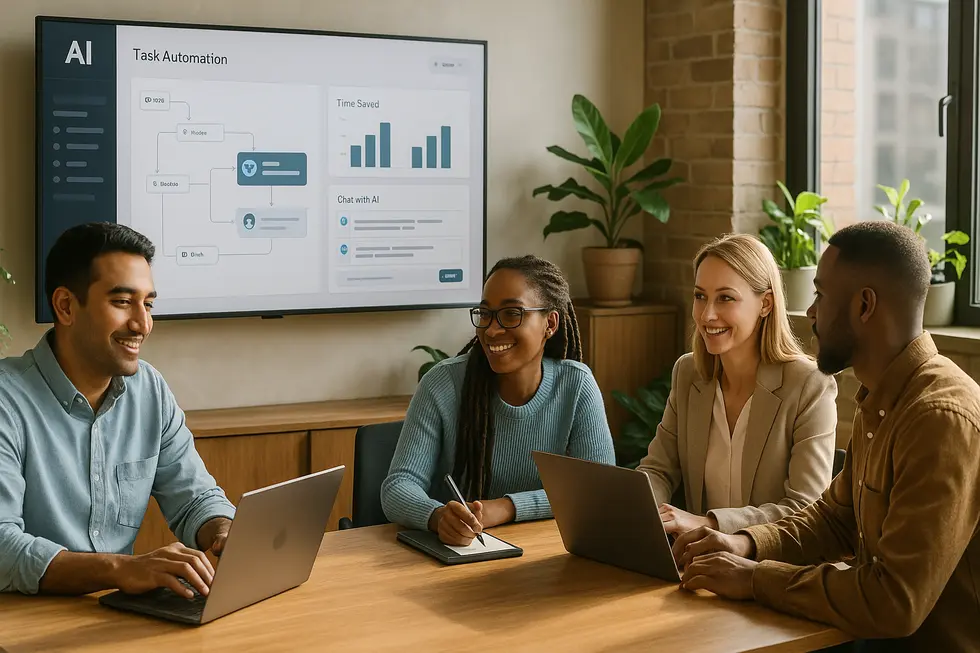 A small business team collaborating with an AI workspace that automates tasks and supports employees. Diverse small business team working together with an AI workspace on a large monitor showing automation flows, metrics, and a conversational assistant.