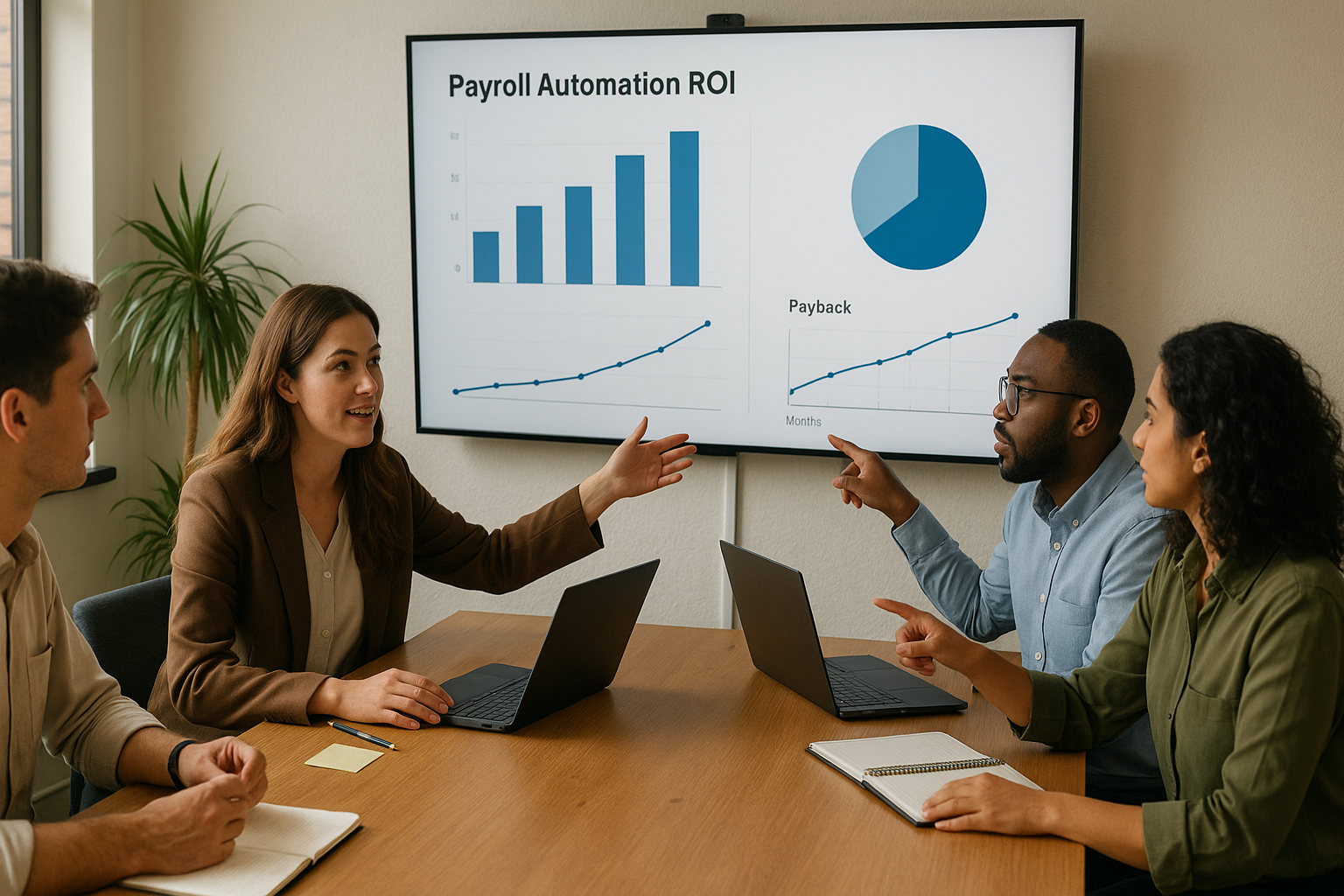 HR and finance colleagues reviewing payroll automation ROI charts and payback timelines in a collaborative meeting. A collaborative HR and finance meeting with a screen showing payroll automation ROI charts and a payback timeline.