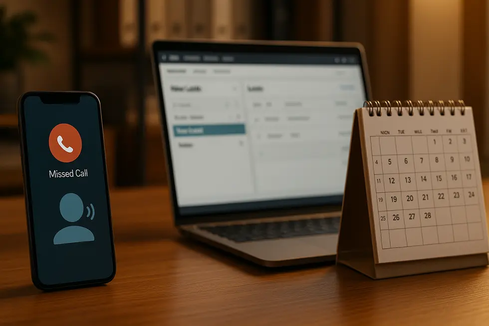 AI turns missed calls into logged leads and booked appointments, making every inbound inquiry actionable. Smartphone showing AI handling a missed call, laptop with CRM entry for the caller, and calendar with a booked appointment in a small office setting.