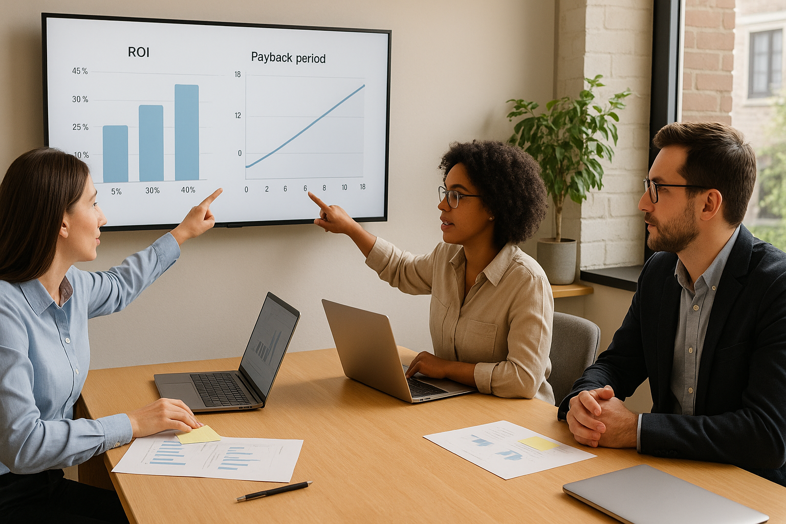 A collaborative HR and finance meeting with a screen showing payroll automation ROI charts and a payback timeline.