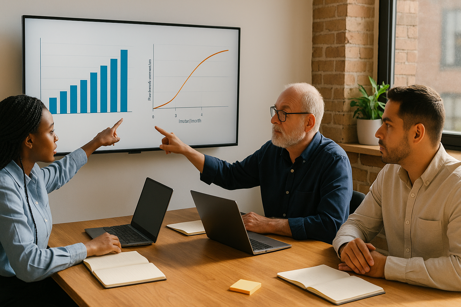 HR and finance colleagues reviewing payroll automation ROI charts and payback timelines in a collaborative meeting. A collaborative HR and finance meeting with a screen showing payroll automation ROI charts and a payback timeline.