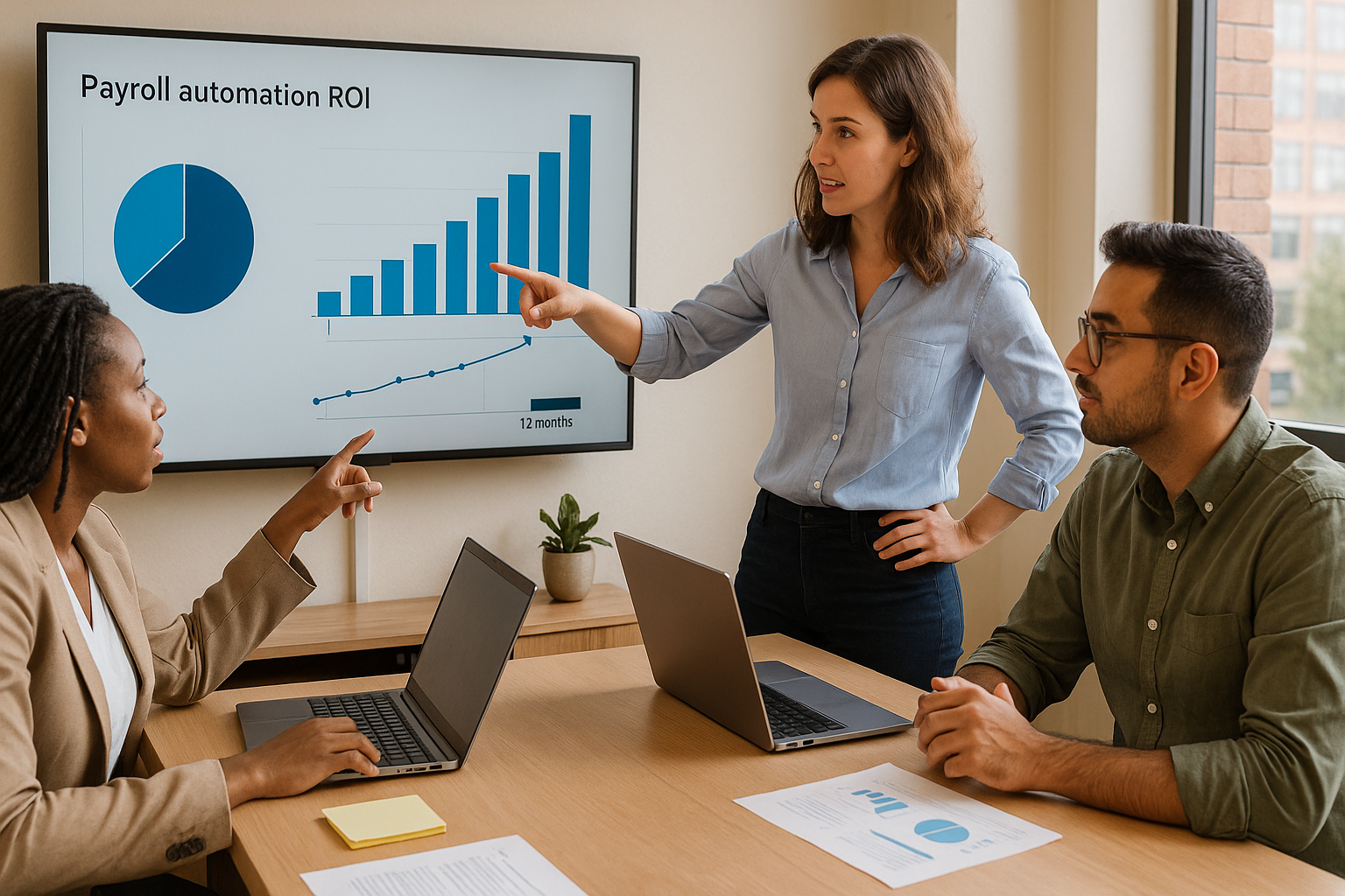 HR and finance colleagues reviewing payroll automation ROI charts and payback timelines in a collaborative meeting. A collaborative HR and finance meeting with a screen showing payroll automation ROI charts and a payback timeline.